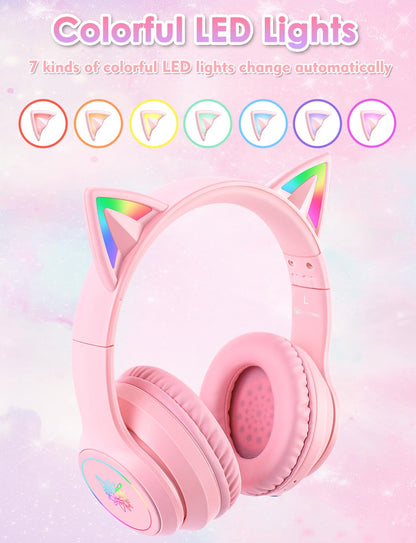 Bluetooth Kids Headphones with Microphone, Cat Ear LED Light Up and 85dB Volume Limited Toddlers Study Headphones, Wireless Foldable HI-FI sound Over-Ear School Headphones for iPhone/iPad/Laptop/PC