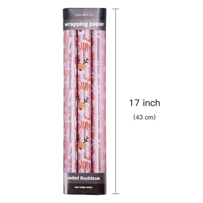 LeZakaa Christmas Wrapping Paper Mini Roll, Pink Metallic Foil Shine Paper - Snowflakes/Santa Claus/HO Print for Gift Wrap, Arts Crafts - 17 x 120 inches - 3 Rolls (42.5 sq.ft.ttl.)