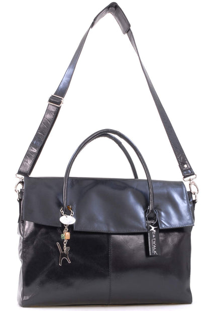 Catwalk Collection Handbags - Women's Leather 17 Inch Padded Laptop Bag - Ladies Large Briefcase Work Bag - With Cross Body Strap - Helena - Black