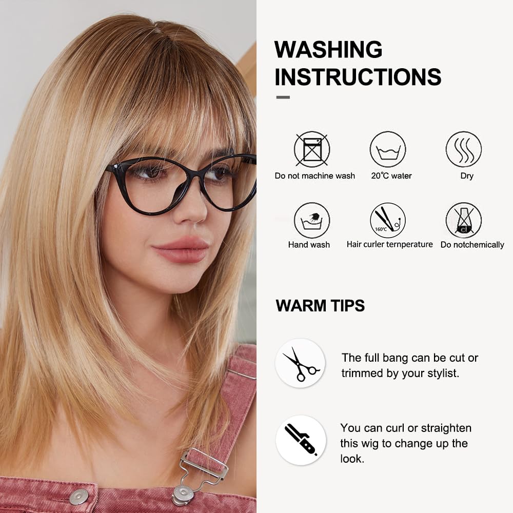 OUFEI Ombre Blonde Wigs for Women Medium Length Long Straight Wig with Bangs Synthetic Hair Heat Resistant Wigs for Everyday Party Cosplay Wear