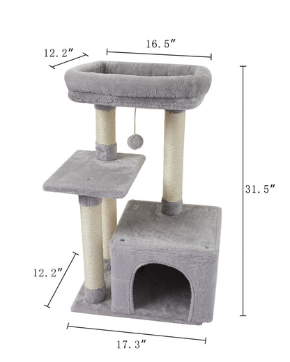 FISH&NAP Cute Cat Tree Kitten Cat Tower for Indoor Cat Condo Sisal Scratching Posts with Jump Platform Cat Furniture Activity Center Play House Grey