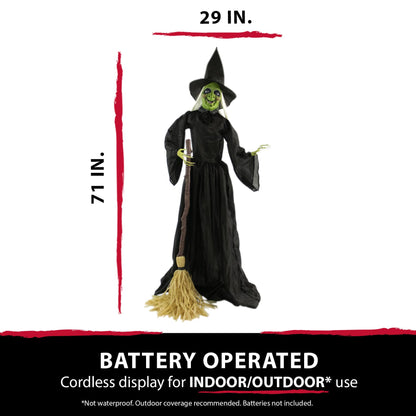 Haunted Hill Farm 71-in. Witch with Broomstick Animatronic, Indoor/Outdoor Halloween Decor, Poseable & Talking Animated Halloween Prop, Battery Operated