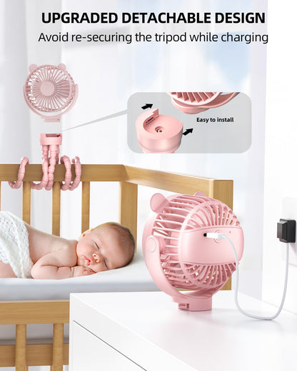 ASNUG Portable Mini Stroller Fan, Battery Operated Small Clip on, Detachable Flexible Tripod Baby Fan with 3 Speed, Rechargeable Personal Fan for Car Seat Crib Treadmill Travel