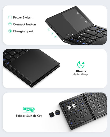 Samsers Foldable Bluetooth Keyboard with Touchpad - Portable Wireless Keyboard with Holder, Rechargeable Full Size Ultra Slim Pocket Folding Keyboards for Android Windows iOS Tablet & Laptop - Black