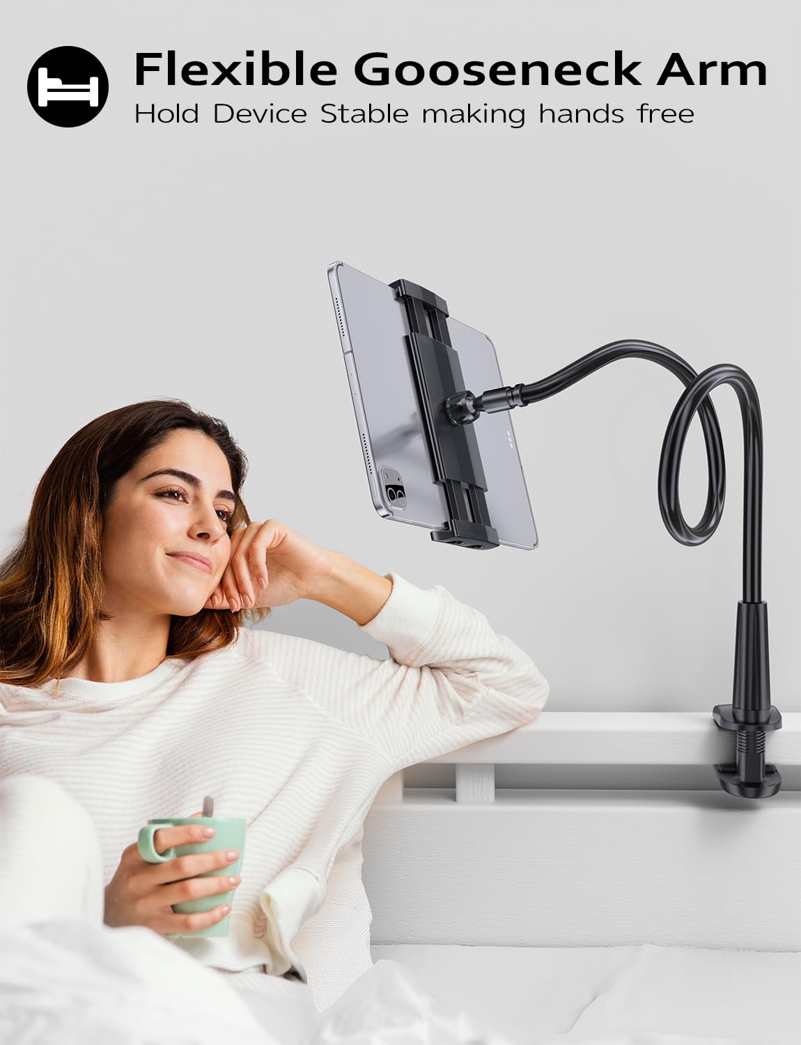 Gooseneck Tablet Holder Stand for Bed: Tryone Adjustable Flexible Arm Tablets Mount Clamp on Table Compatible with iPad Air Mini | Galaxy Tabs | Kindle Fire | Switch or Other 4.7-10.5" Devices