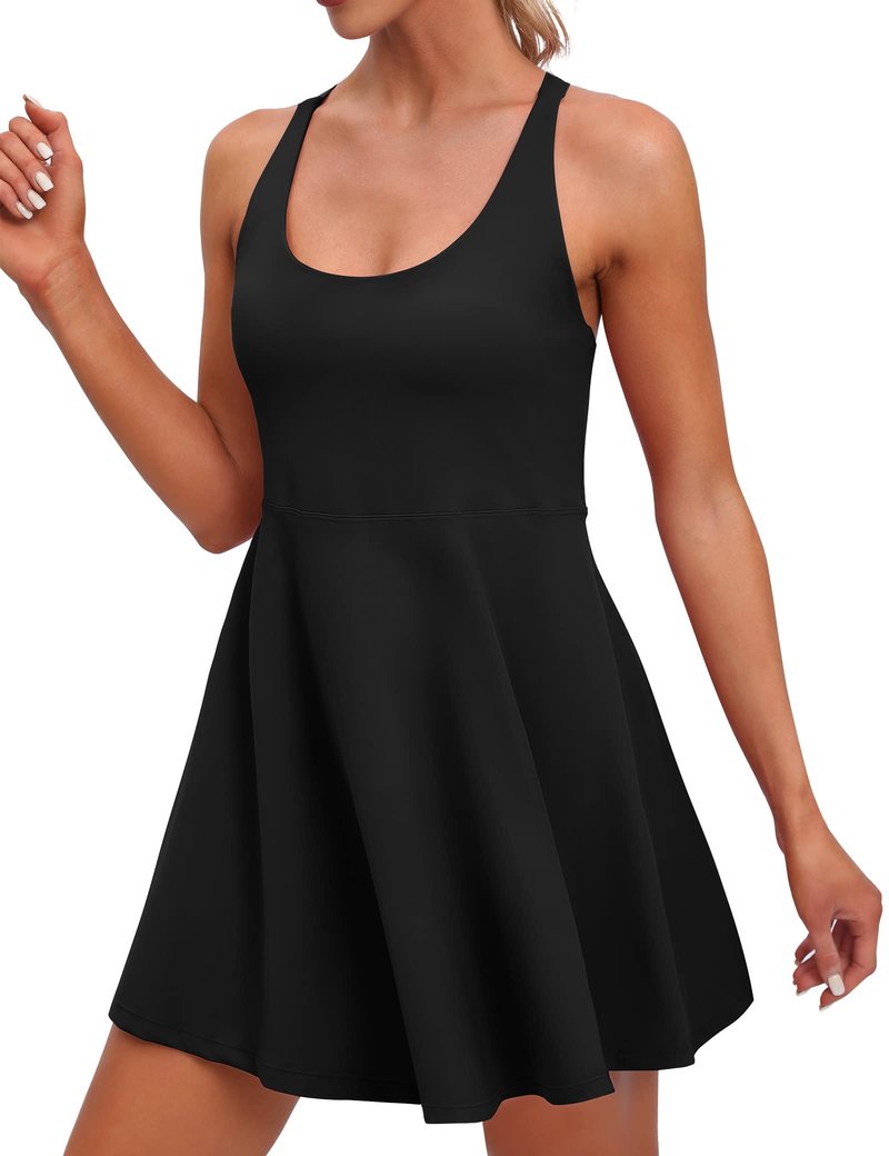 IUGA Womens Tennis Dress with Shorts Underneath Athletic Dress for Women Adjustable Strap Workout Golf Dresses Summer Outfits(Black, Medium)