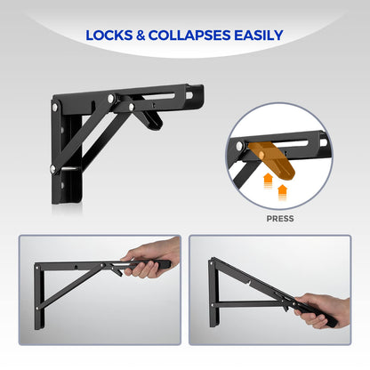 Ravinte 10 Inch Folding Shelf Brackets - Matte Black Collapsible Heavy Duty Brackets for Table Bench - Space Saving, 2 Pack ﻿