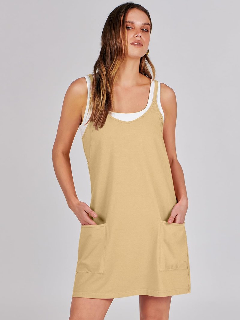 ANRABESS Women Athletic Dress Summer Tennis Workout Active Sports Mini Romper Dress Built in Shorts Travel Vacation Clothes Light Yellow Medium