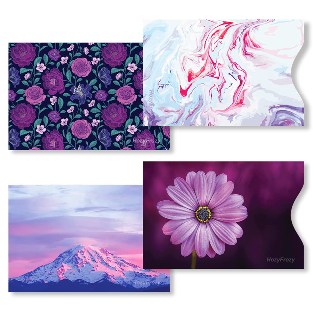 8 RFID Blocking Sleeves, Unique Designs and Arts in Purple, Anti-Theft Credit Card Holder, Credit Card Protector, Easy to Recognize, Sturdy and Perfect size for cards