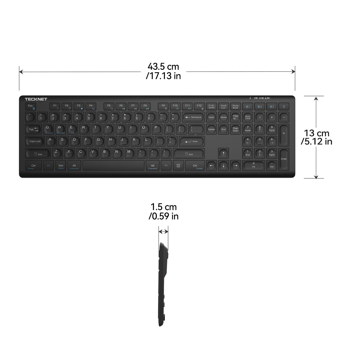 TECKNET Bluetooth Keyboard Rechargeable, 4-Device Free Switching (2.4G+BT), Ultra-Slim Full Size Wireless Keyboard, Quiet Typing, for PC/Laptop/Smart TV/Phone, Adjustable Stand, 12 Multimedia Keys
