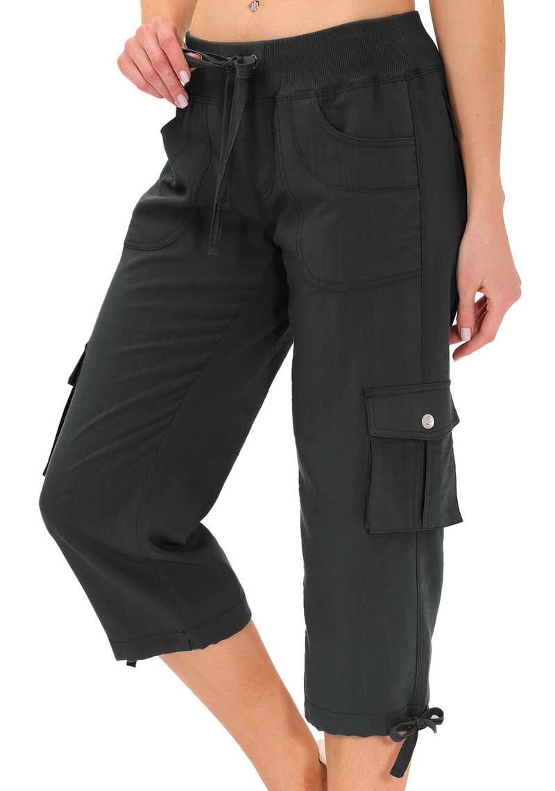 MoFiz Womens Capris with Pockets Loose Fit Casual Capri Pants Dressy Lightweight Ladies Baggy Cargo Pants for Hiking Dark Grey S