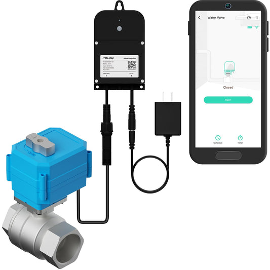 NSF Certified YoLink Valve Controller 2 Kit, 2" Stainless Steel Motorized Ball Valve, LoRa Long Range, D2D Offline with Leak Sensors, 12V Adapter + AA Backup, Hub Required