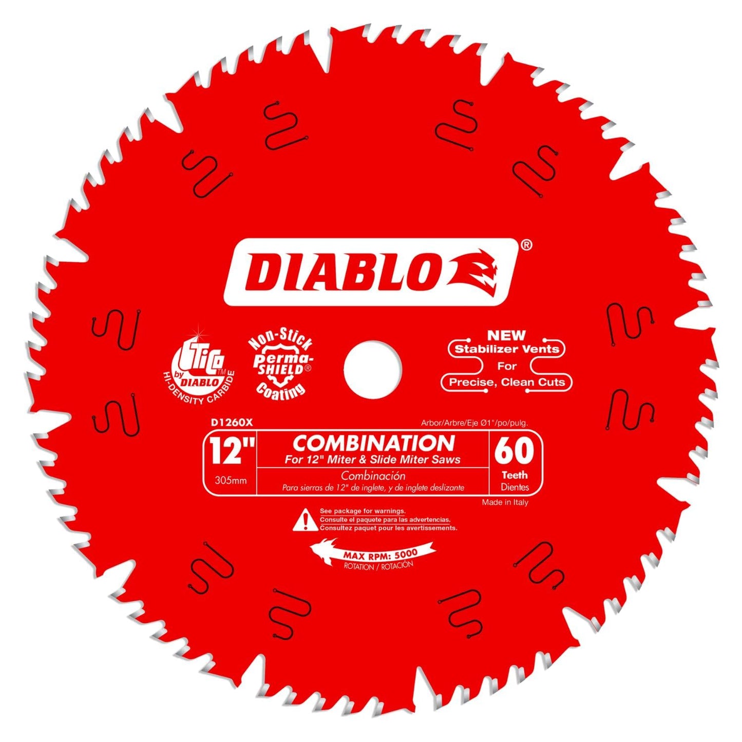 Diablo Combination Saw Blade for Wood - 12" Diameter, 60 Comb Teeth, 1" Arbor, .118" Kerf, 15° Hook Angle, .071" Plate, 6,000 Max RPM - D1260X