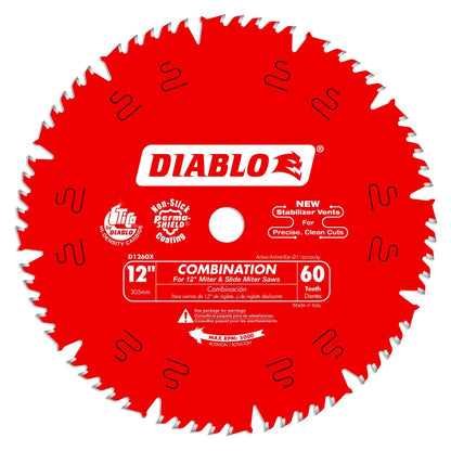 Diablo Combination Saw Blade for Wood - 12" Diameter, 60 Comb Teeth, 1" Arbor, .118" Kerf, 15° Hook Angle, .071" Plate, 6,000 Max RPM - D1260X