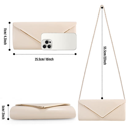 Larcenciel Women's Clutches, Leather Nude Clutch Bag w/Detachable Chain, Elegant Envelope Prom Handbag for Women, Minimalist Cream Beige Crossbody Shoulder Bag for Party, Prom, Wedding, Dinner, Club