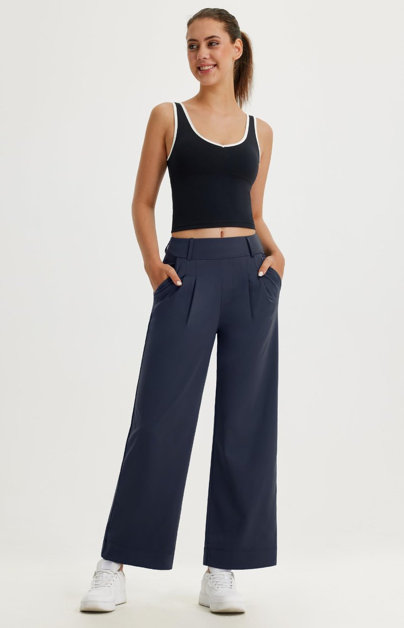 Libin Women's Wide Leg Work Pants 29" High Waisted Stretch Dress Casual Sweatpants Business Office Pants Trousers with Pockets,Navy Blue,Medium