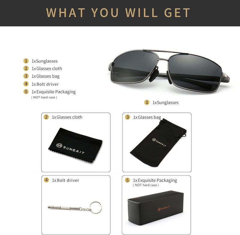 SUNGAIT Ultra Lightweight Polarized Sunglasses for Men - UV400 Protection, Stylish Rectangular Design
