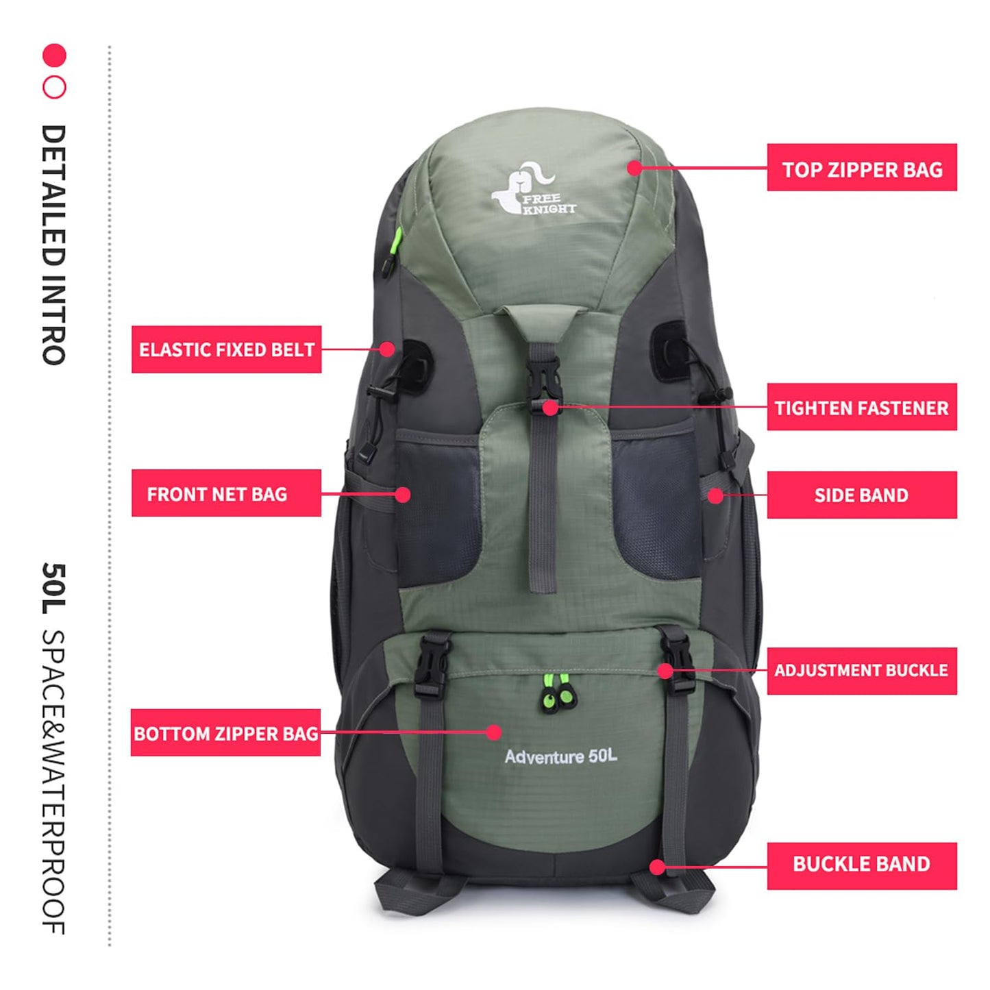 Bseash 50L Hiking Backpack, Water Resistant Lightweight Outdoor Sport Daypack Travel Bag for Camping Climbing Touring (Army Green - With Shoe Compartment)