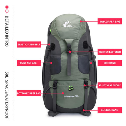 Bseash 50L Hiking Backpack, Water Resistant Lightweight Outdoor Sport Daypack Travel Bag for Camping Climbing Touring (Army Green - With Shoe Compartment)