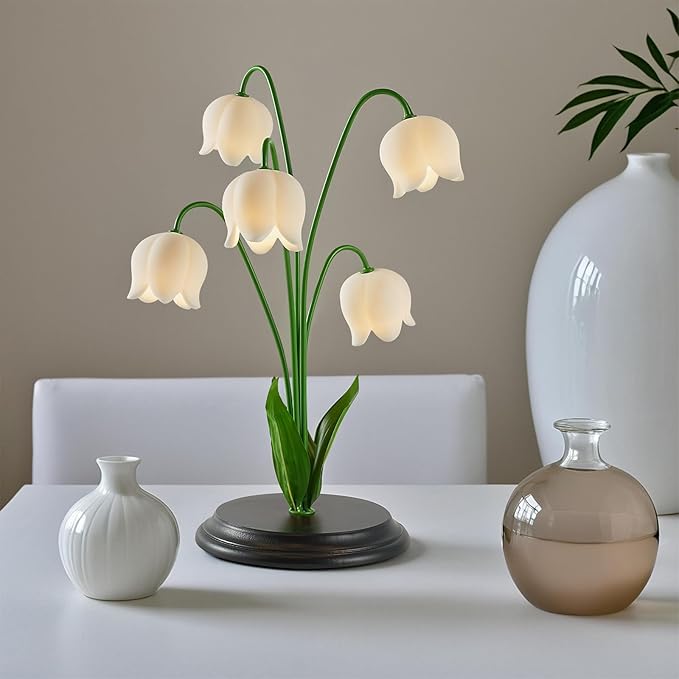 Lily of The Valley Table Lamp with Remote - 17.7 H x 13 W x 13 D, 5 Blossom Dimmable Night Light, Wood Base & Gift Box, Elegant Bedroom Decor for Women/Mom