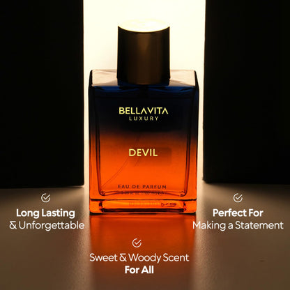 BELLAVITA Luxury DEVIL Unisex Perfume for Women and Men | Long Lasting Perfume for Men and Women | Cotton Candy, Musk and Cedar | Spicy French Fragrance Unisex Parfum