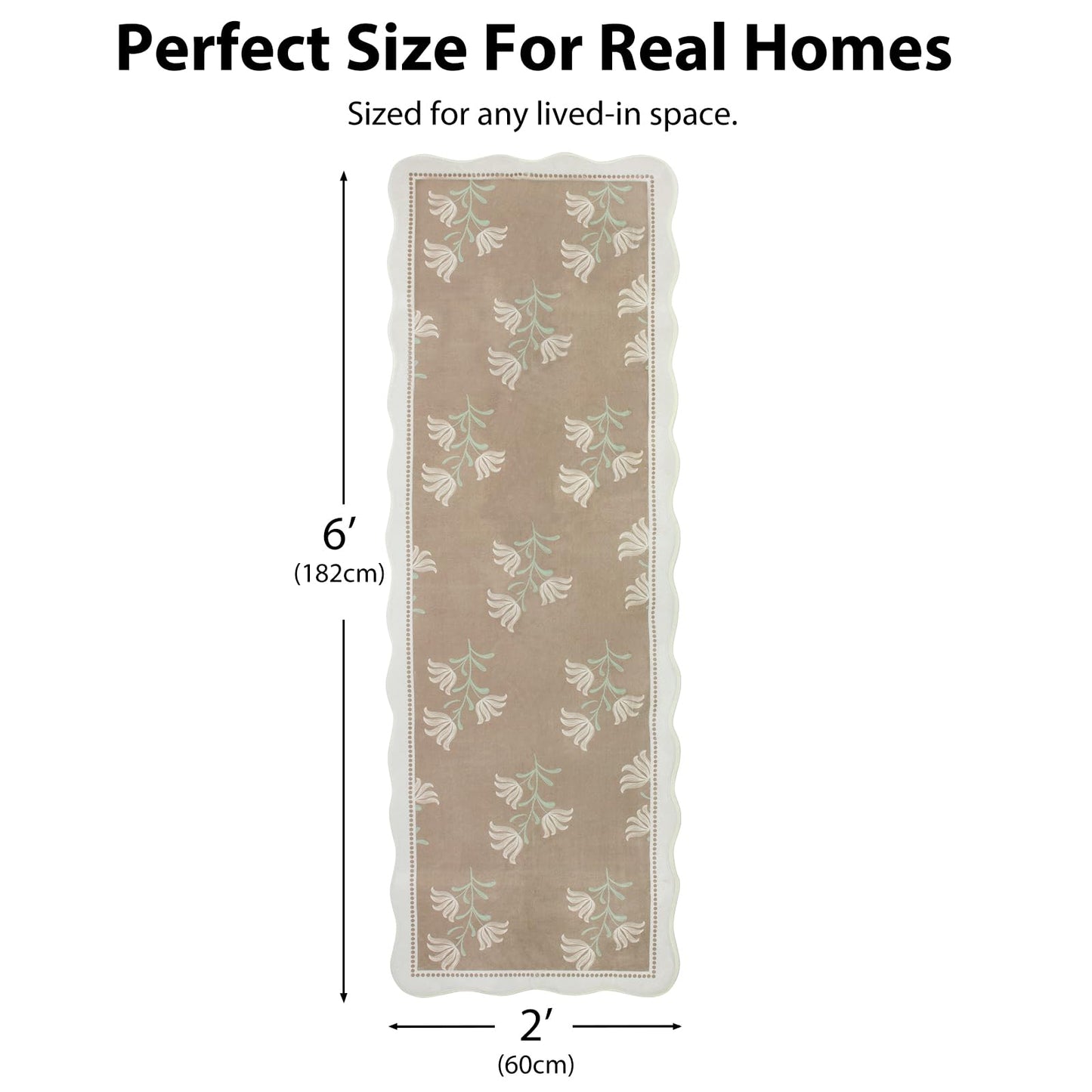 Albodanl Scalloped Floral Kitchen Runner Rug, 2x6 Washable Rug Runners for Hallways Non-Slip, Boho Farmhouse Ultra-Thin Soft Carpet for Bathroom Laundry Entryway