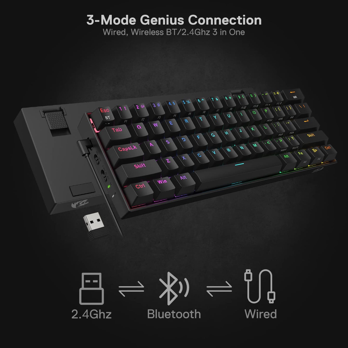 Redragon K530 Pro Draconic 60% Wireless RGB Mechanical Keyboard, Bluetooth/2.4Ghz/Wired 3-Mode 61 Keys Compact Gaming Keyboard w/100% Hot-Swap Socket, Free-Mod Plate Mounted PCB & Tactile Brown Switch