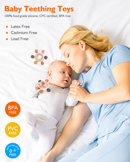 akolik Teething Toys for Babies, Baby Teethers Toy Teething Ring Silicone, Grasping Teething Toy, BPA Free Teething Newborn Accessories for Baby 0 3 6 9 12 18 Months (Pink)