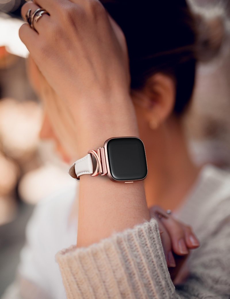 Minyee Leather Band Compatible with Fitbit Versa 2/Fitbit Versa/Versa Lite Bands Women, Slim Thin Dressy Designer Premium Leather Strap with C-Shape Metal Buckle for Versa 2 Watch, Starlight/Rose Gold