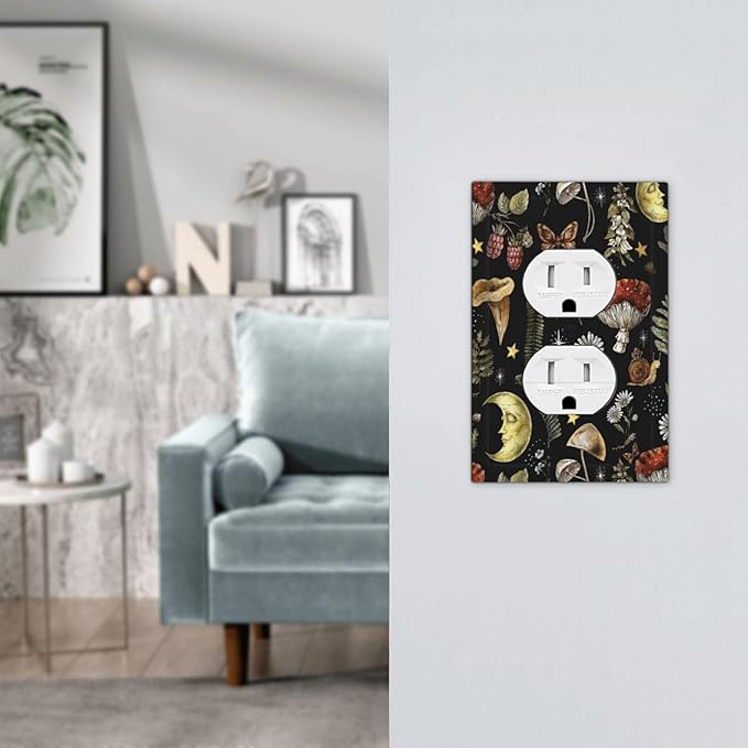 Nature Plant Botanical Daisy Mushroom Snails And Moon 1 Gang Duplex Receptacle Switch Wall Plate Decorative Switchplate Outlet Covers Electrical Plug Cover Faceplate for Home Decor