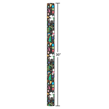 American Greetings Jumbo Kids Christmas Wrapping Paper Roll, Dinosaur, Unicorns, and Yetis Holiday Gift Wrap (175 sq. ft., 1 Extra Large Reversible Roll-30 in. x 70 ft.) Colorful, Black, Green