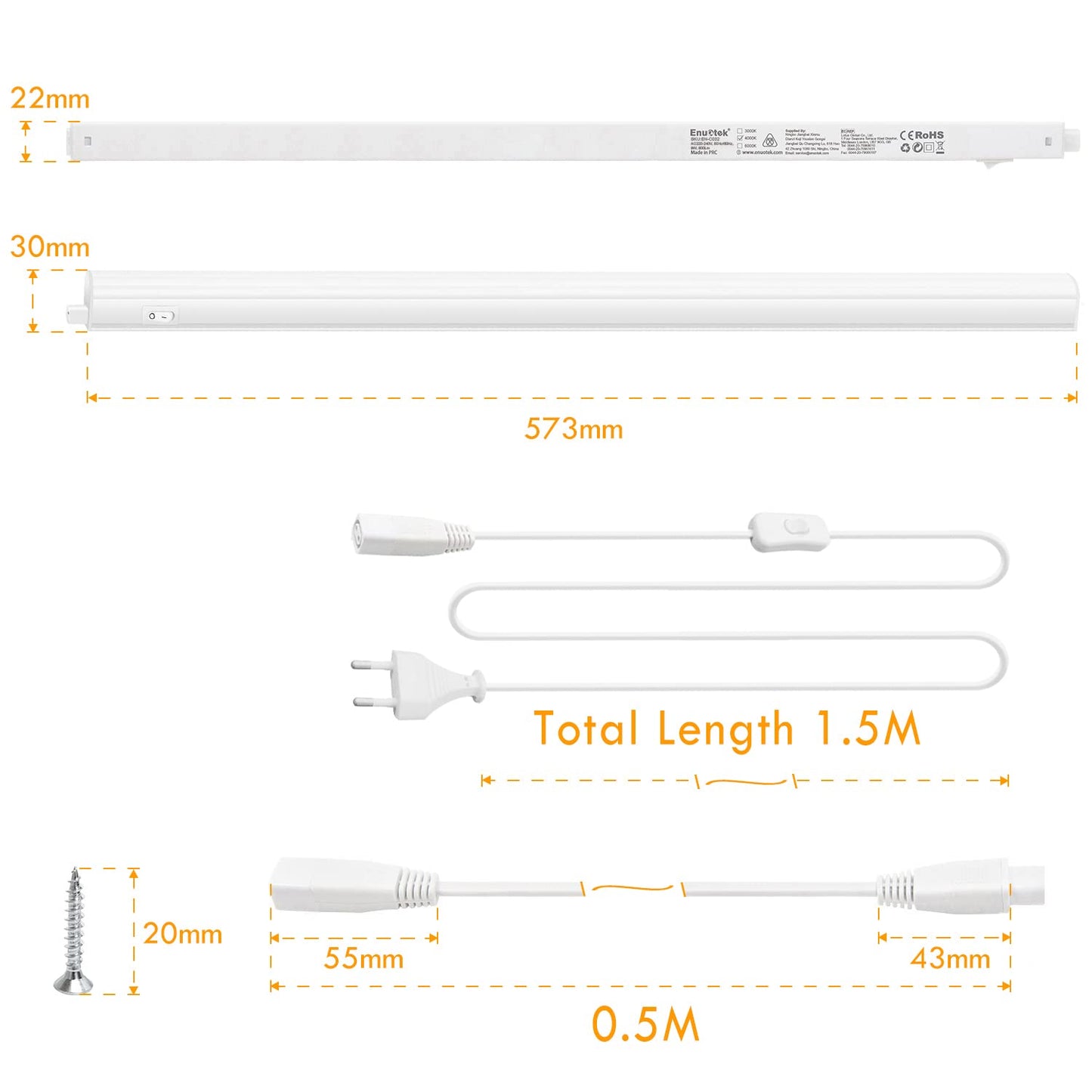 ENUOTEK Connectable LED Kitchen Under Cabinet Lamps Light Strips, 2 x 8 W LED Under-Unit Lights, Wall Lights with Switch and Power Plug, Neutral White 4000 K, Length 573 mm, 2 Bulbs
