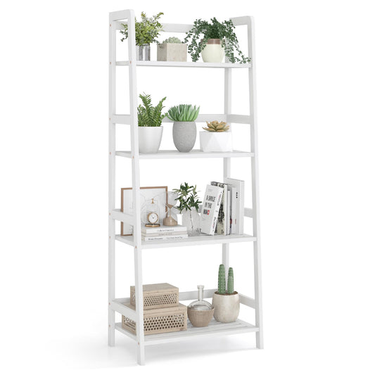 Giantex 4-Tier White Ladder Shelf, Bamboo Open Bookcase Book Shelf with Storage, 47.5" Freestanding Display Shelving Unit Plant Stand Rack Organizer, Shelves for Bedroom, Living Room, Home Office