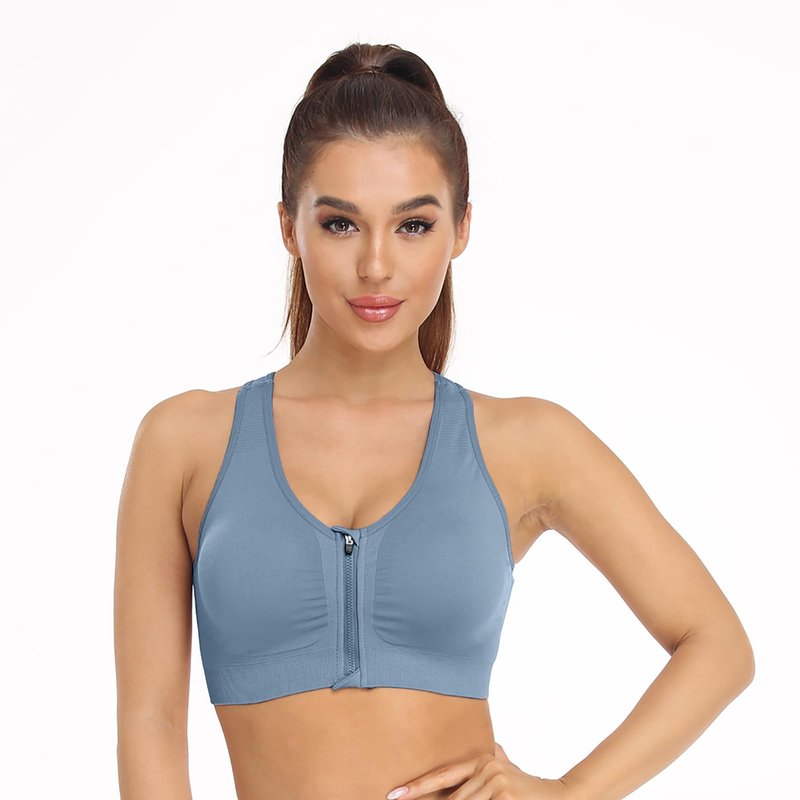 Racerack Women's Zip Front Sports Bra - Wireless, Padded, Post-Surgical Bra with Front Closure - 3 Pack (XX-Large, Black+Flesh+Light Blue)