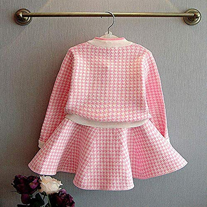 CM C&M WODRO Girls Dress, Autumn Winter Toddler Kids Plaid Knitted Sweater Dress Set Baby Girls Coat Tops+Skirt Set (Pink, Size 9 (3-4 Years))
