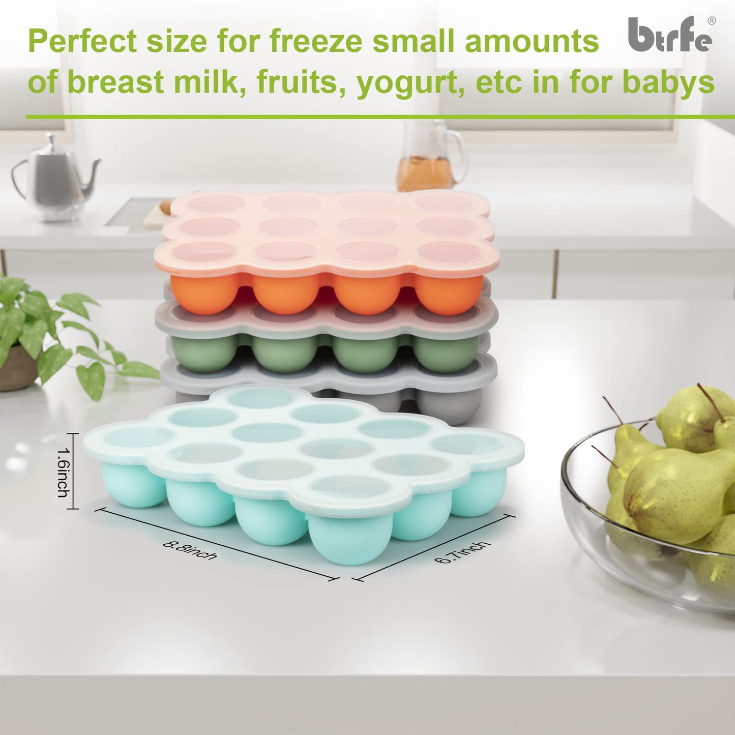 btrfe Baby Food Storage Container - 1.5oz x 12 Pods Silicone Freezer Tray with Lid for Homemade Baby Food, Fruit Purees, Vegetable & Breast Milk (Grey)