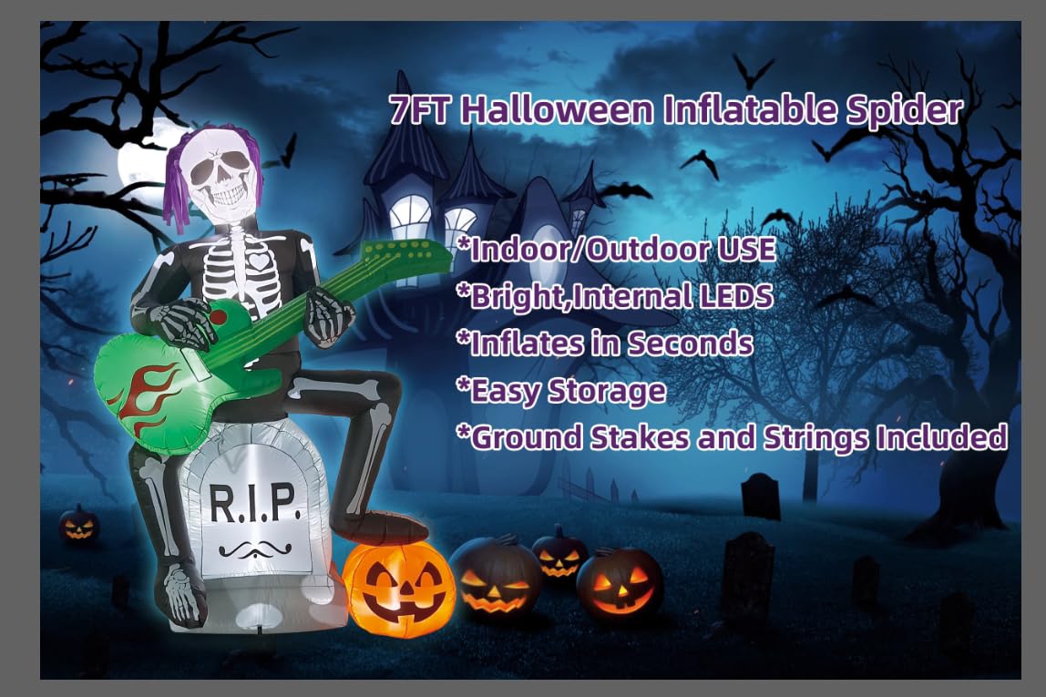 Halloween Inflatables Outdoor Decorations,7 Feet Rock Jack on Tombstone, Ghost with Pumpkin Decor, LED Lights, Blow up Lighted Yard Lawn Home