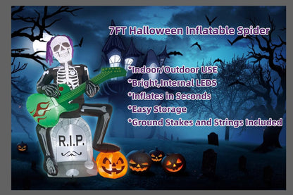Halloween Inflatables Outdoor Decorations,7 Feet Rock Jack on Tombstone, Ghost with Pumpkin Decor, LED Lights, Blow up Lighted Yard Lawn Home