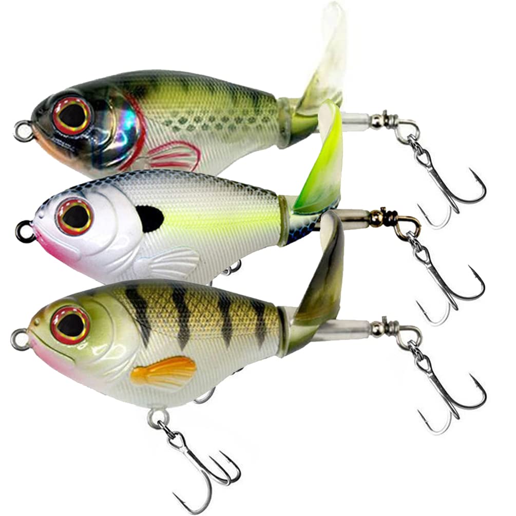 Proaovao Topwater Fishing Lures 3pcs Fishing Bait Kit Bass Fishing Lure with Floating Rotating Tail Trout Pike Perch Swimbaits AH7517 2.95in Saltwater Plopper Bait Teasers Gift for Men Musky Lures