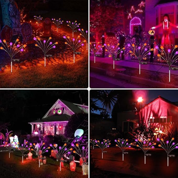 6Pack Total 48 LED Purple and Orange Solar Halloween Lights Outdoor - Solar Firefly Lights Outdoor, Sway by Wind, Waterproof for Garden Patio Pathway Halloween Decorations
