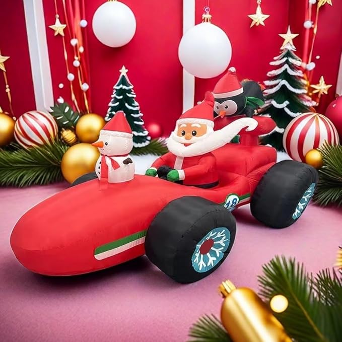 8FT Christmas car Inflatable Old Man, Santa Claus Snowman Penguin Driving Racing car, Built-in LED Lights and Blower, Christmas Inflatable Outdoor Decoration Lawn Patio Christmas Outdoor Decoration.