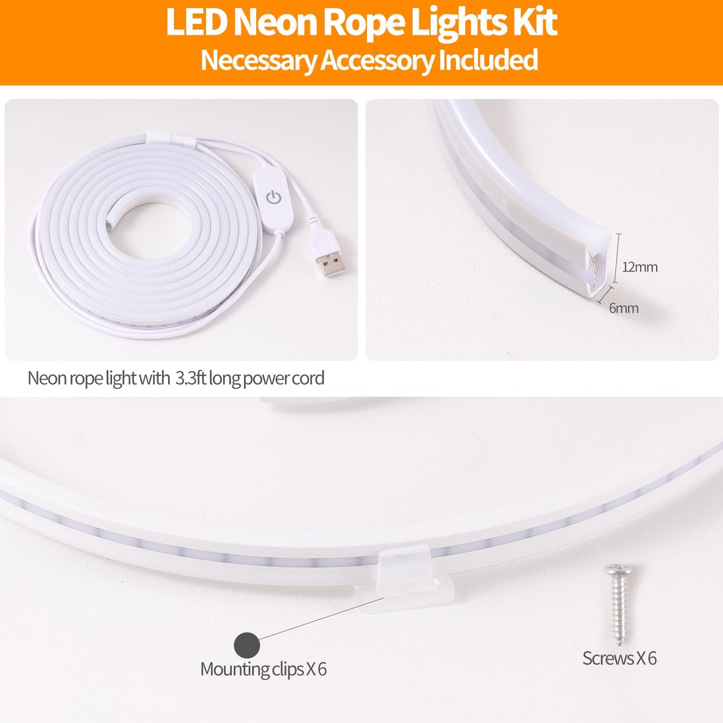 Dimmable LED Neon Strip Lights 1 m – Waterproof Flexible USB Silicone Neon Rope Light with Touch Control, 120° 3000 K Warm‑White Ambient Decor