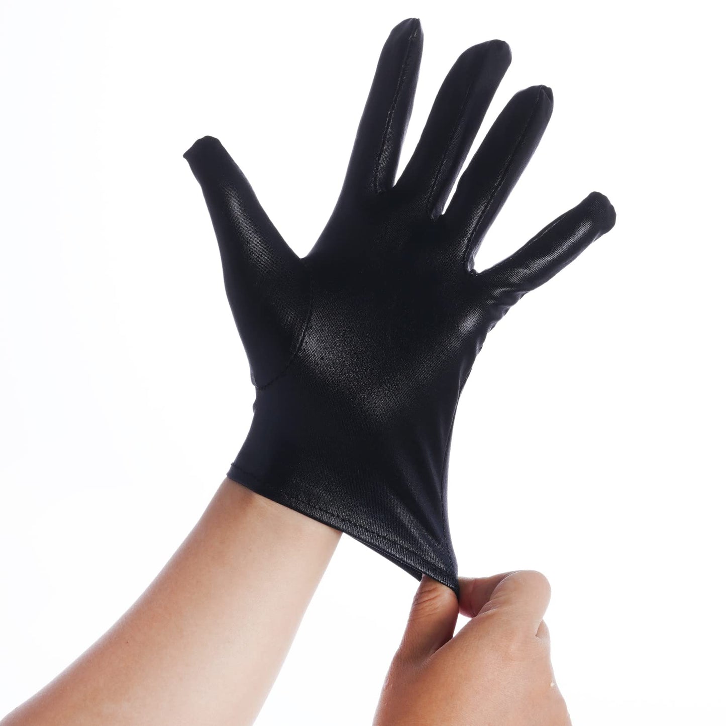 Rbenxia 1 Pair of Black Shiny Metallic Spandex Gloves Faux Leather Cropped Gloves for Halloween Cosplay Costume Party Favors