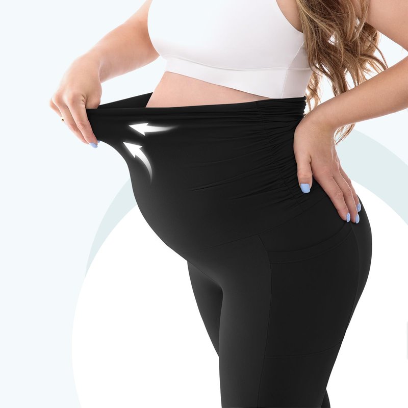 Leafigure Womens Maternity Leggings with Pockets, Pregnancy Buttery Soft Yoga Workout Pants Black Large