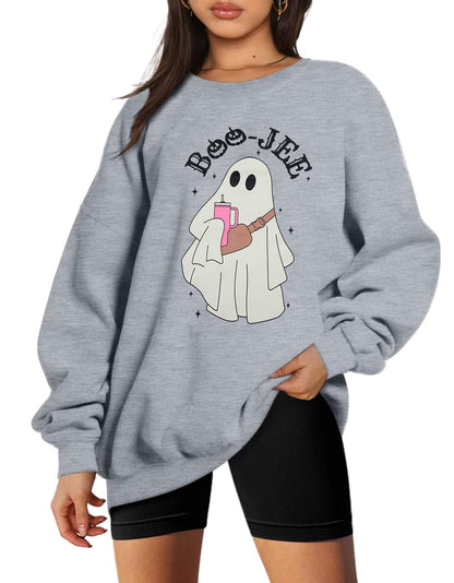 DUTUT JEE Ghost Halloween Sweatshirt - Women's Funny Spooky Season Pumpkin Graphic Long Sleeve Pullover Top Light Grey