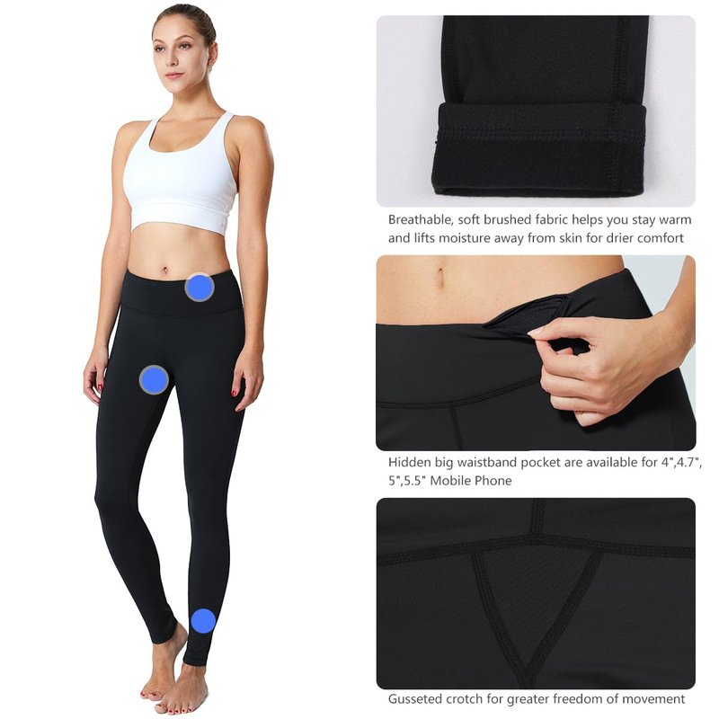 baleaf Women's Fleece Lined Leggings Thermal Warm Winter Leggings High Waisted Yoga Pants Cold Weather Inner Pocket 2-Pack Black/Black XXL