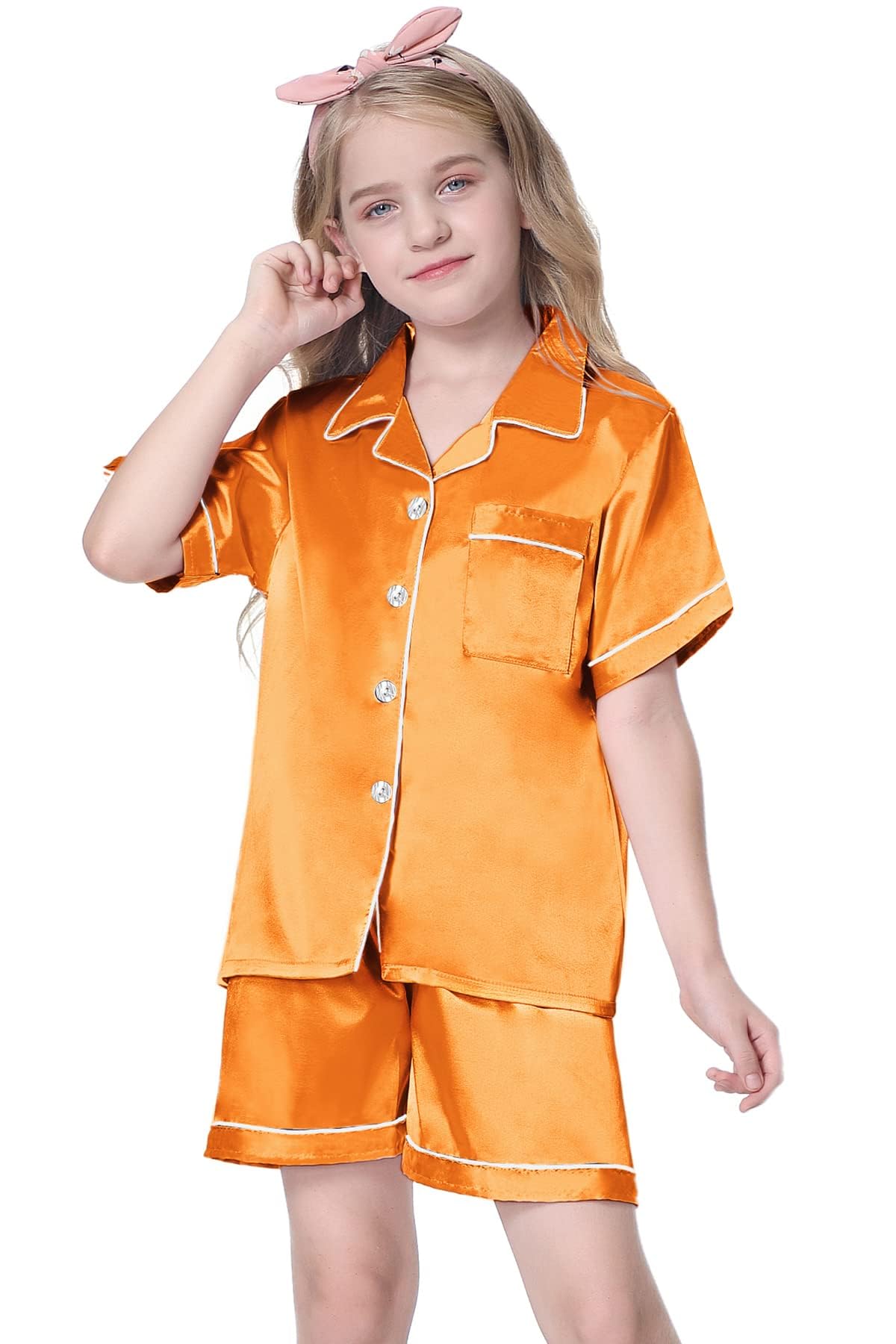 Satin Halloween Pajamas for Girls, 2 Pcs Sleepwear Short Sleeve Silk Summer Pajama Set, Orange, 13-14 Years