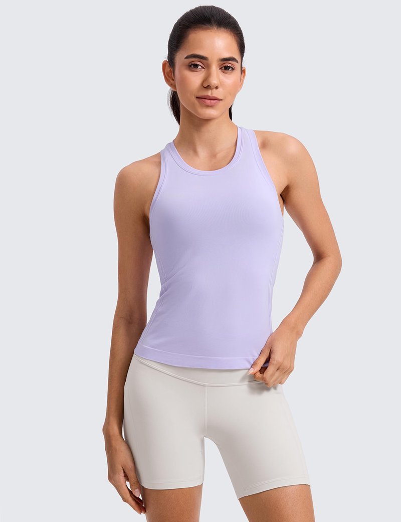 CRZ YOGA Seamless Workout Tank Tops for Women - Athletic Running Gym Sleeveless Shirts Crewneck Racerback Breathable Lavender Frost Medium