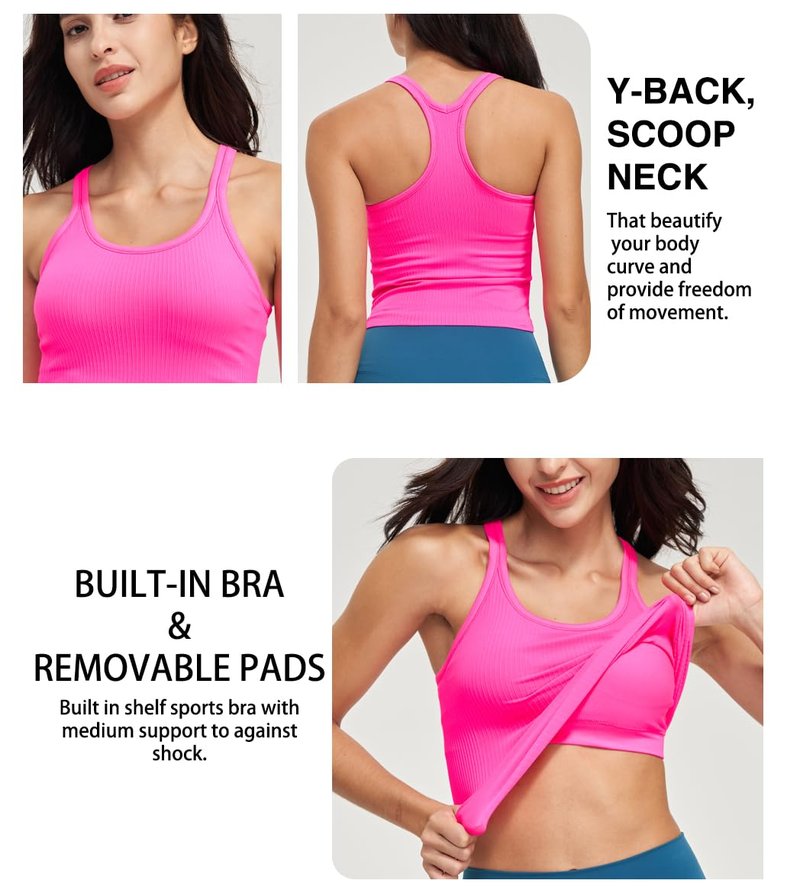 Excwudy Seamless Ribbed Workout Racerback Tank Tops with Built in Shelf Bra for Women Chartreuse XL