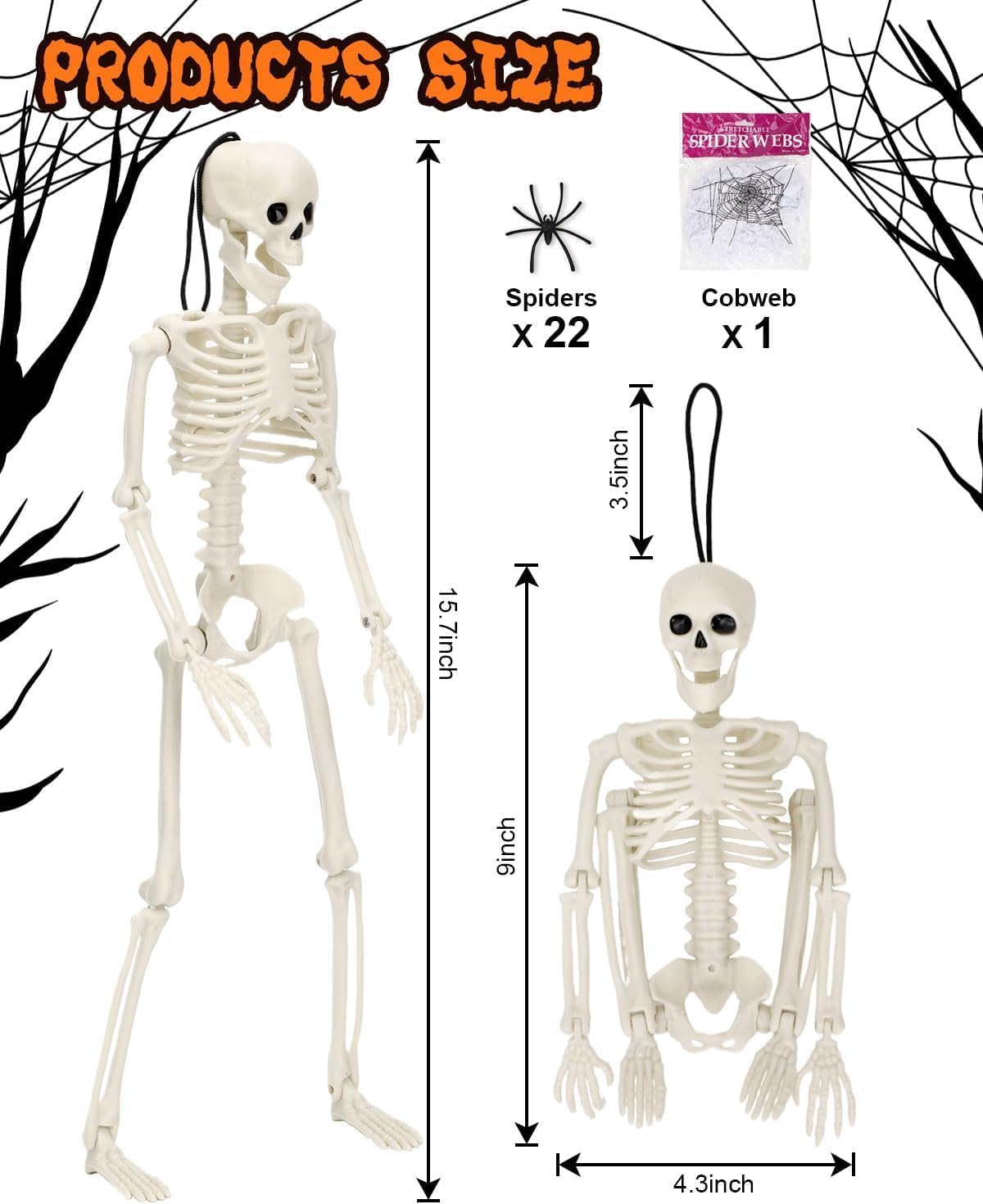 5 Pack Posable Skeleton Halloween Decorations, 16in Halloween Skeleton Decor- Full Body Movable Joints with 22 Spiders & Cobweb, Outdoor/Indoor Scary Party Graveyard Props Hanging Skeletons
